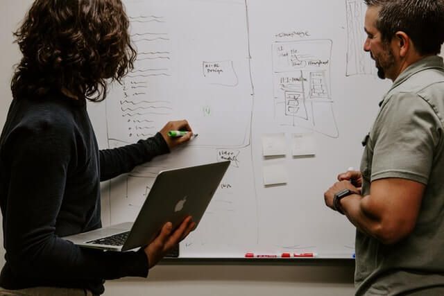 Two people analyzing information, and CSAT, with a computer and whiteboard