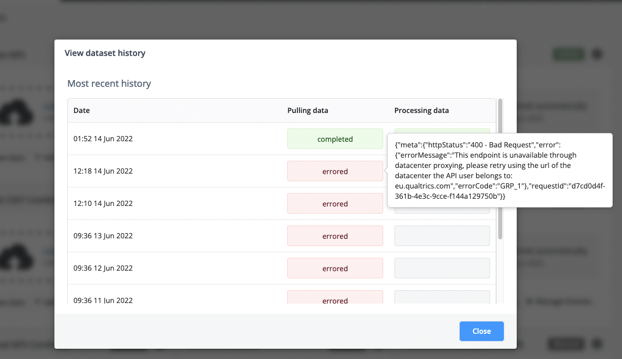 Dataset history showing an error message