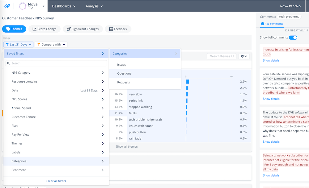 Feedback categorization filter to identify issues, questions and requests