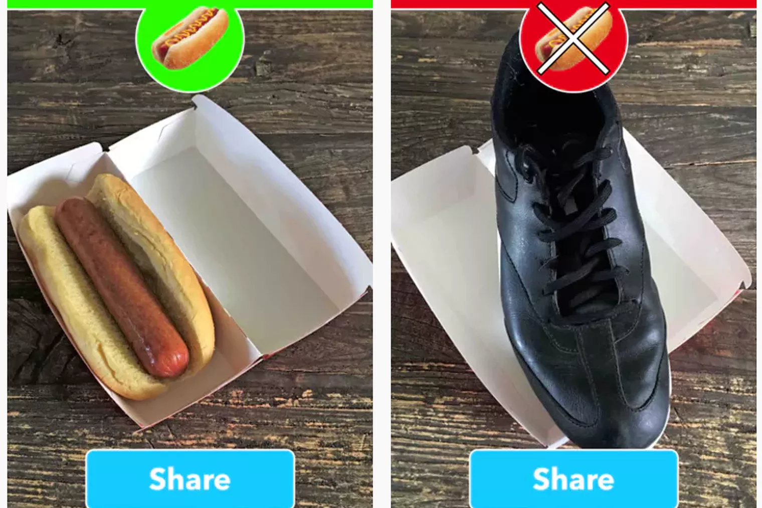 Image from the hot dog / not a hot dog classifier, comparing a hot dog to a shoe