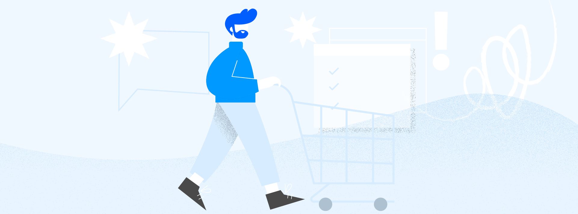 Consumer pushing shopping cart with lots of noise in background to represent trends shifting and changing