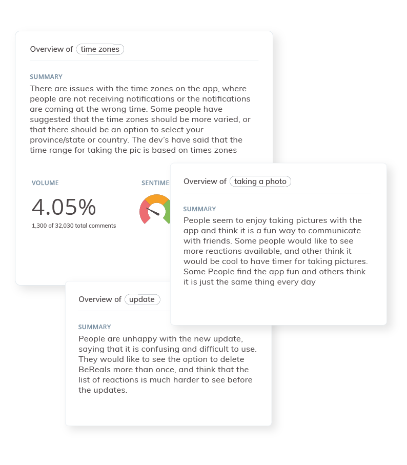 Example of theme summaries for timezones, taking a photo, and update themes