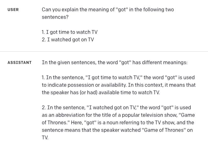 Asking GPT-4 to explain the meaning of 'got' in two different contexts