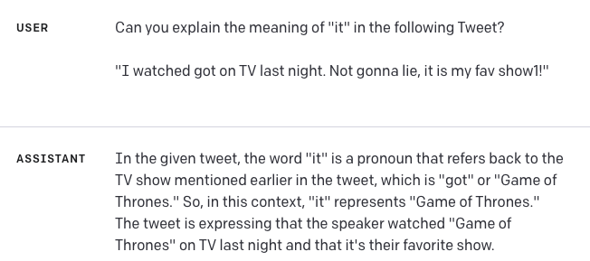 Prompting GPT-4 to explain the meaning of 'it' in two different contexts