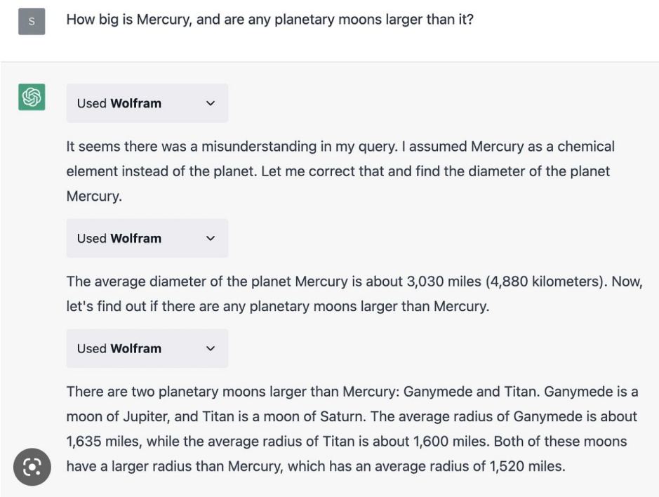 Wolfram Alpha in action, ensuring the question is understood correctly