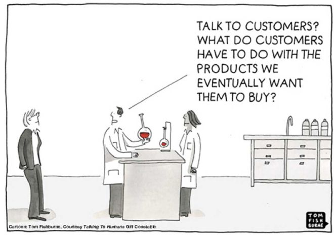 cartoon showing people asking about talking to customers about their preferences