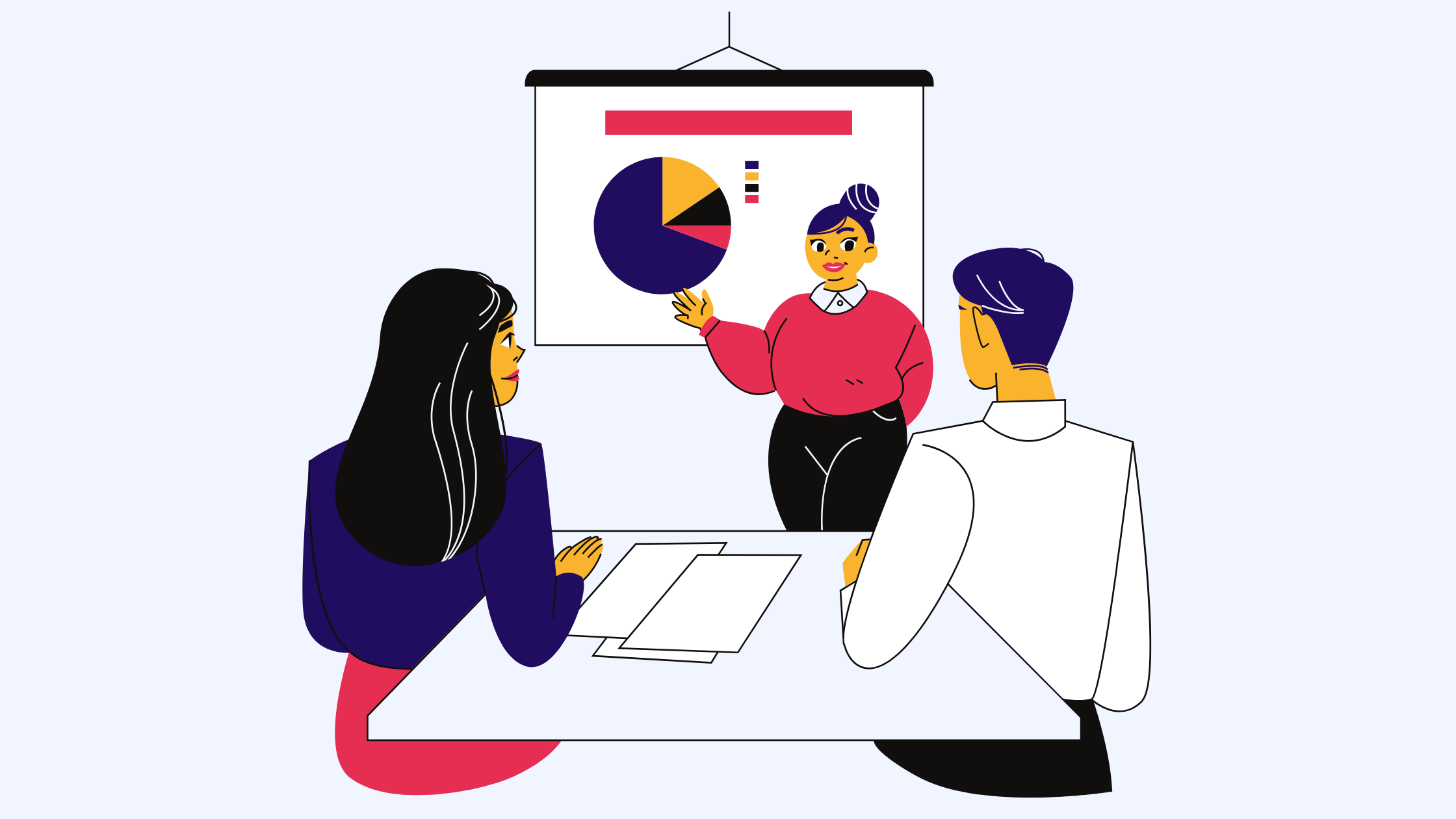 graphic of a person presenting data to two other business people