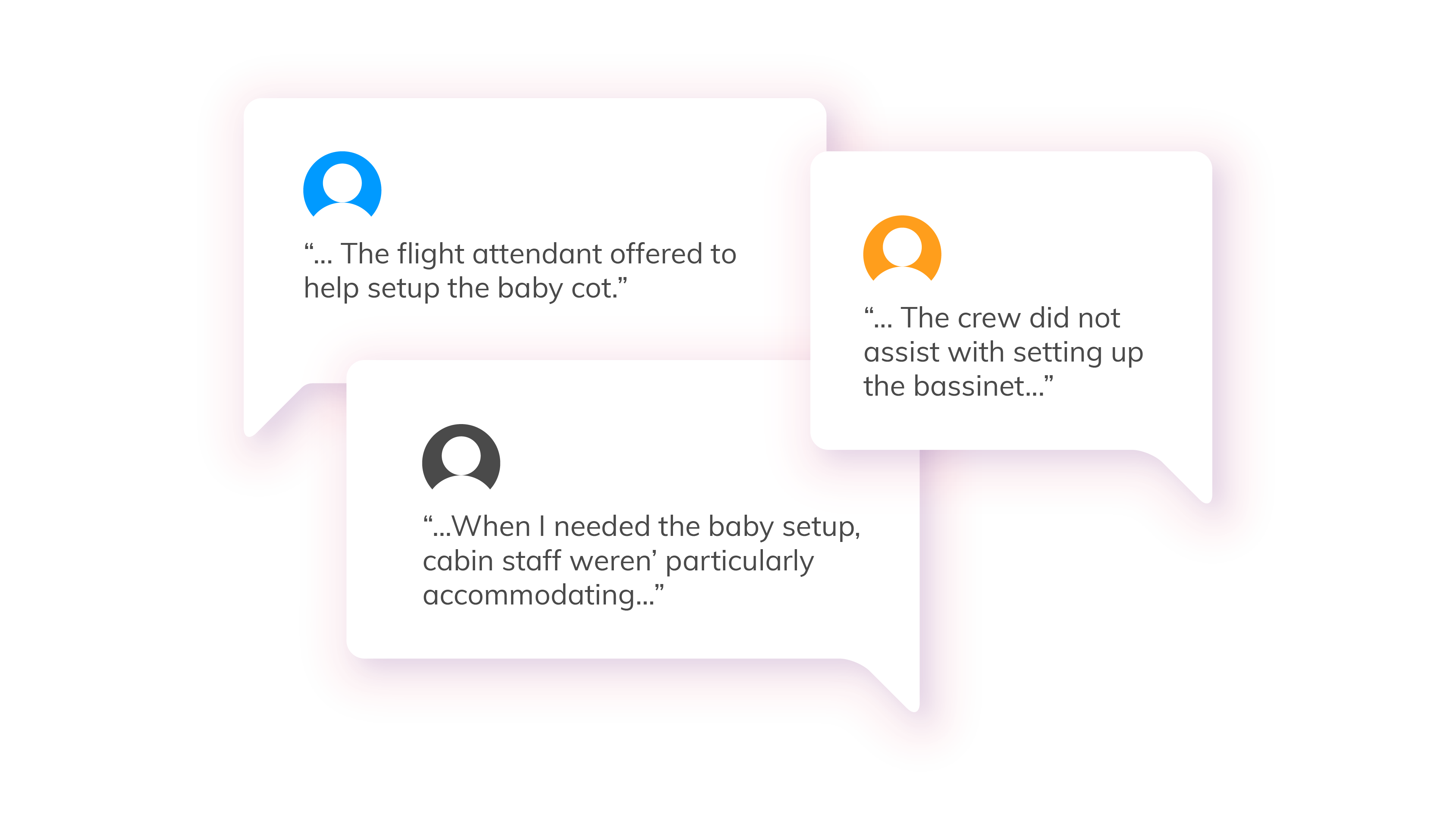 Three people with speech bubbles, each providing feedback about baby cot services on a plane.