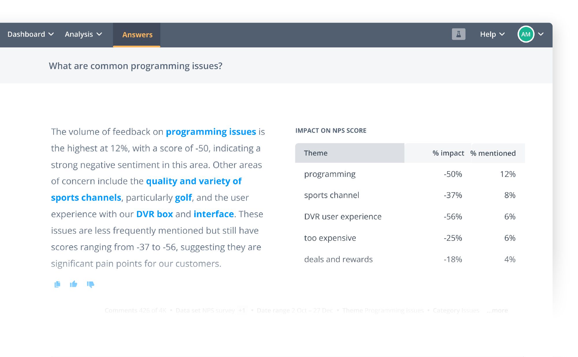 Thematic Answers. Ask your questions for objective answers about your customer experiences.