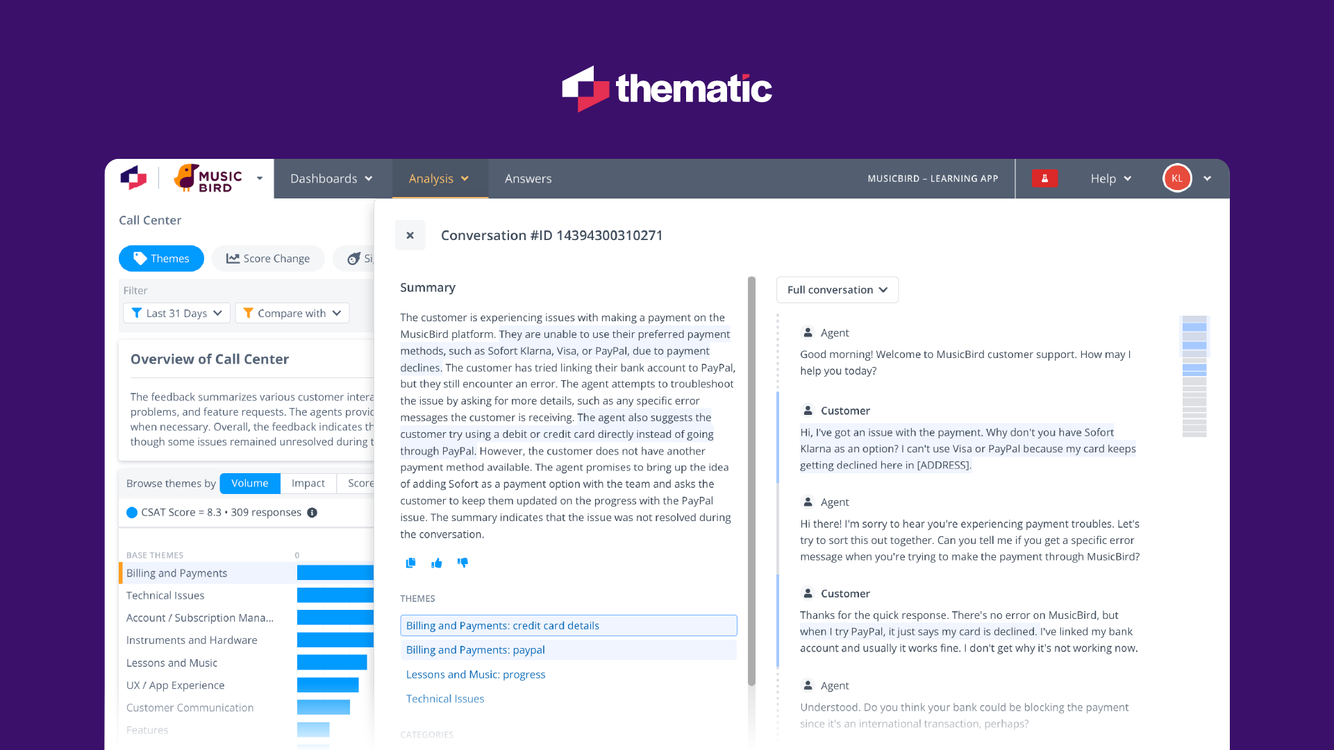 Product screenshot of Thematic Conversation Analytics, showing how key sentences are summerized in the transcript