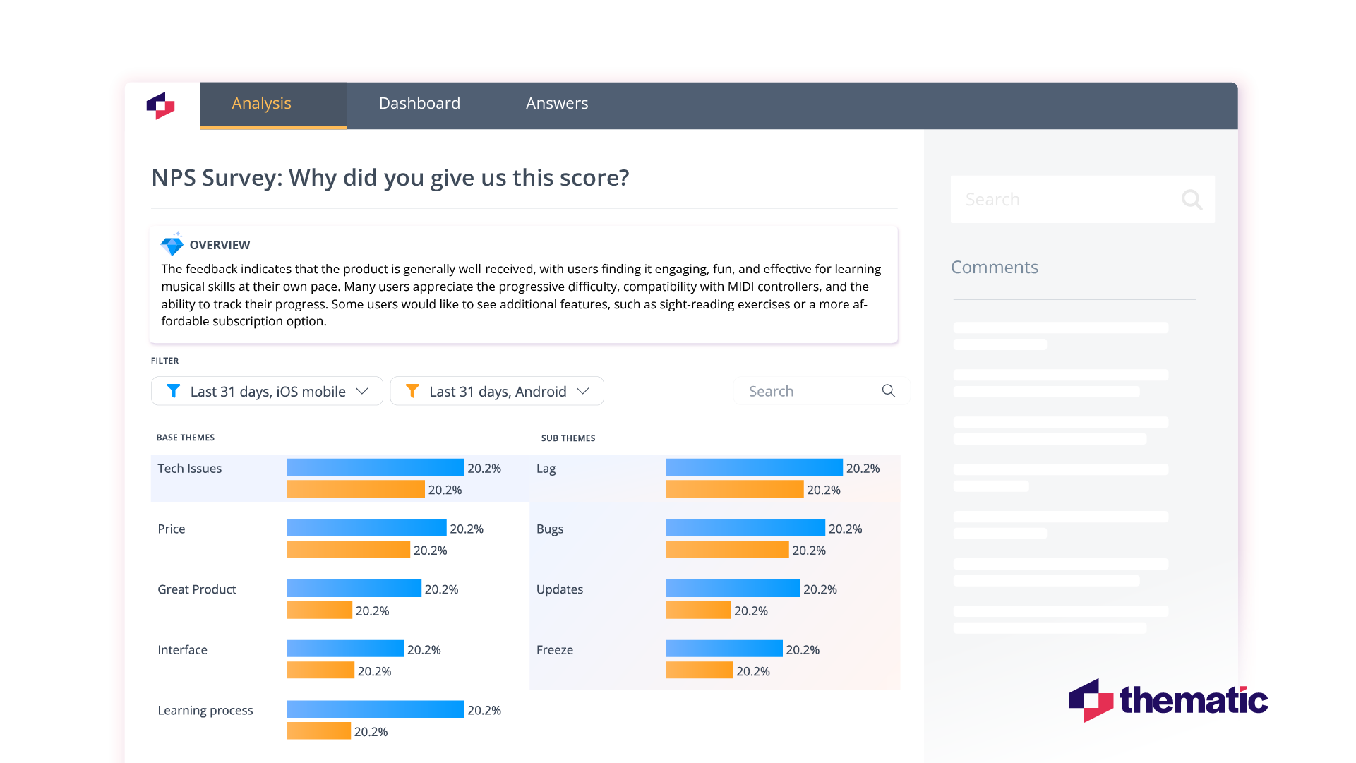 Exploring key themes in NPS surveys with Thematic's VoC analytics tool.