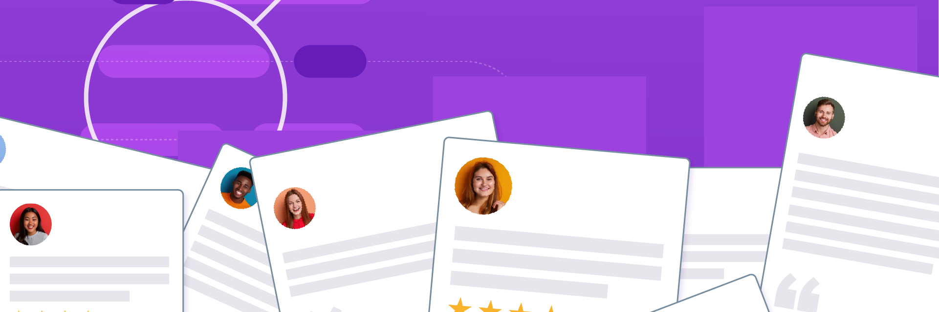 Customer review cards featuring star ratings and profile photos, behind a background of chart and analysis tools