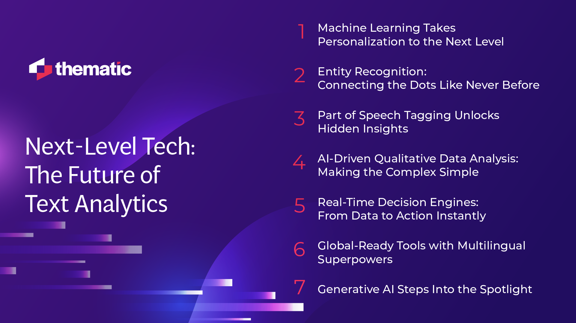 A Thematic slide titled 'Next-Level Tech: The Future of Text Analytics' listing seven key points numbered 1-7, including topics like Machine Learning personalization, Entity Recognition, Part of Speech Tagging, and Generative AI. The design features a purple gradient background with geometric elements.