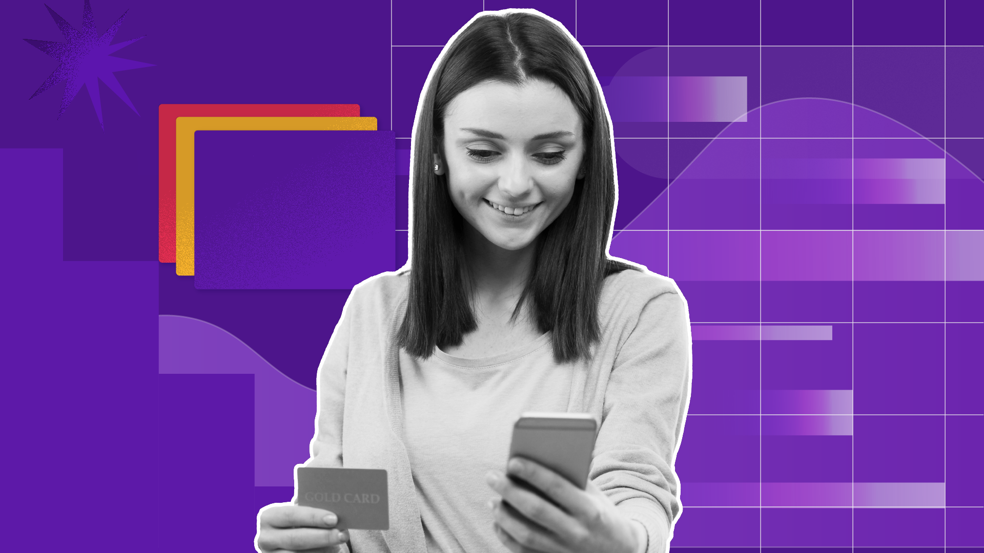 The first image shows a design featuring a person looking at two mobile devices against a purple and black background with geometric elements. The person is wearing a light-colored sweater and appears to be smiling while engaging with the devices. The image has a modern, technological aesthetic with abstract design elements in the background.