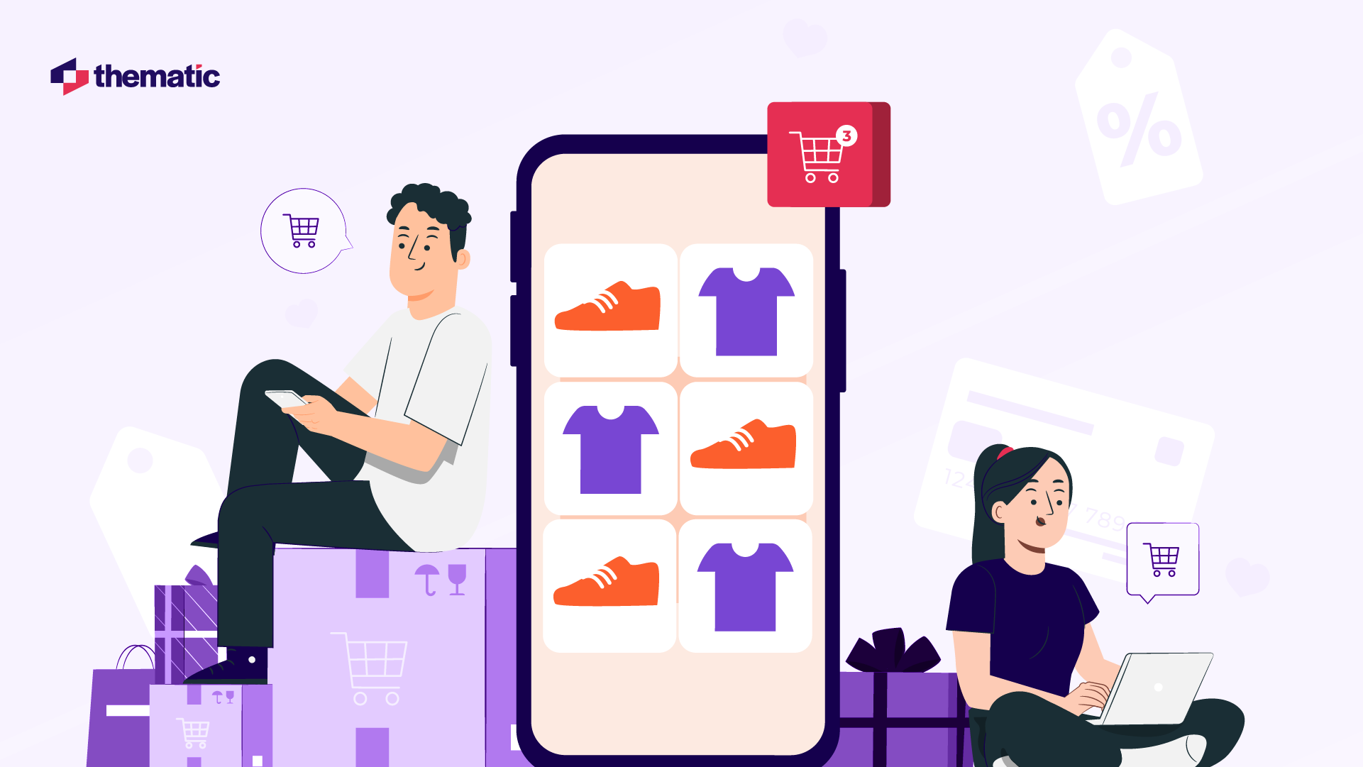 An e-commerce illustration showing two people shopping online. A large smartphone displays a grid of products (purple t-shirts and orange sneakers) with a shopping cart notification. One person sits on purple shopping bags while using a phone, while another person sits with a laptop. Shopping cart icons and gift boxes are scattered in the background. The Thematic logo appears in the top left.