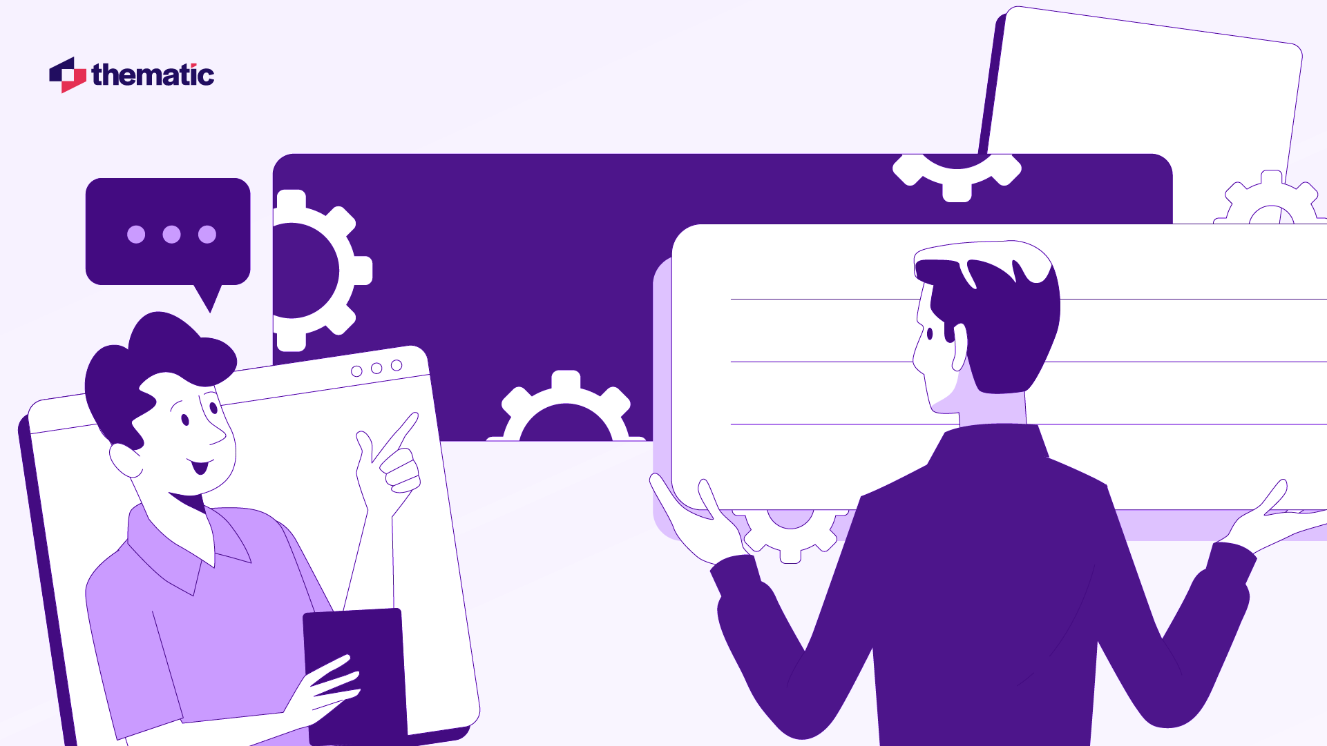 A two-person video call illustration in purple and white tones. On the left, a person gestures while holding a tablet, with a speech bubble above. On the right, a person faces interface elements with gear icons. Both figures are shown in a minimal style with gear icons decorating the background. The Thematic logo appears in the top left.