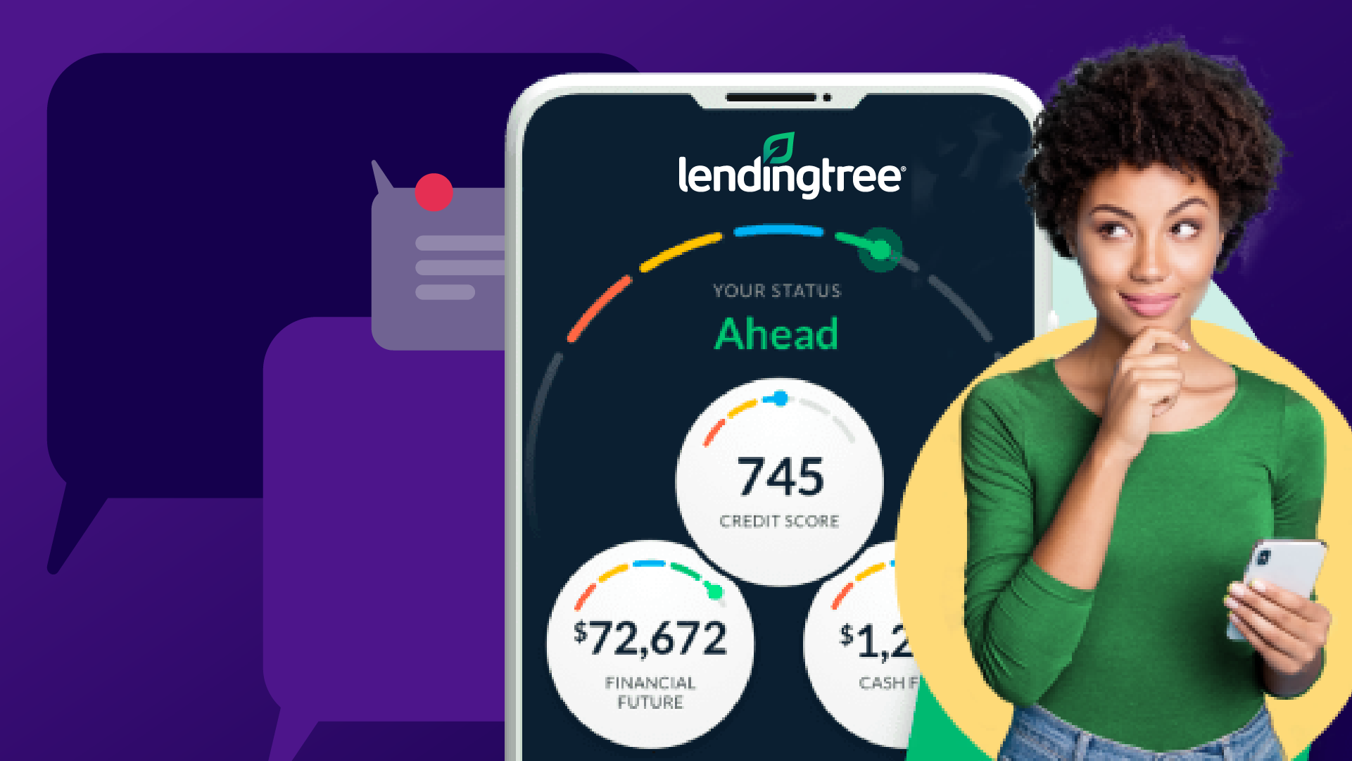 A screenshot of the LendingTree mobile app interface showing a credit dashboard. The screen displays a credit score of 745, financial future amount of $72,672, and a status indicator showing 'Ahead'. To the right is a woman wearing a green top against a yellow circular background, holding a phone and smiling thoughtfully. A purple chat bubble appears on the left side of the image.