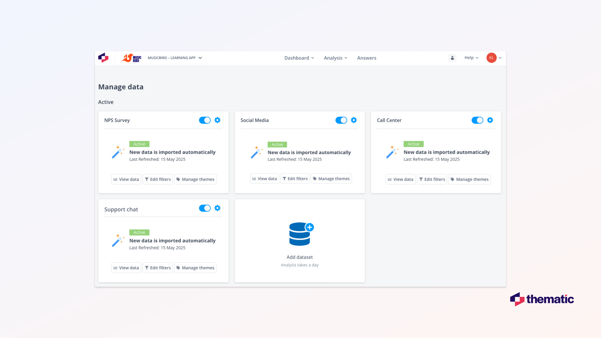 A screenshot of Thematic's dashboard (data management).