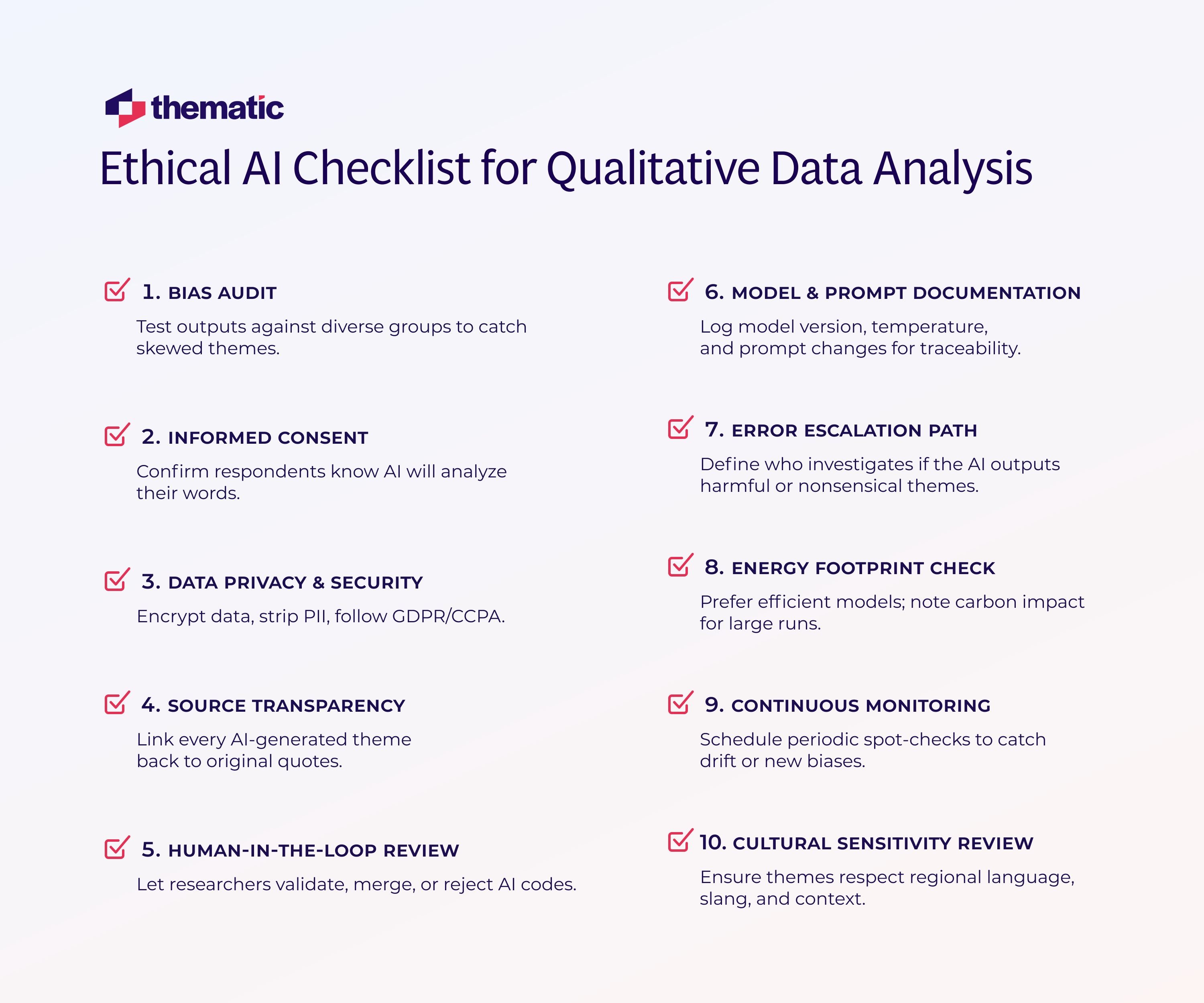 A checklist on implementing Qualitative Data Analysis in an ethical manner.