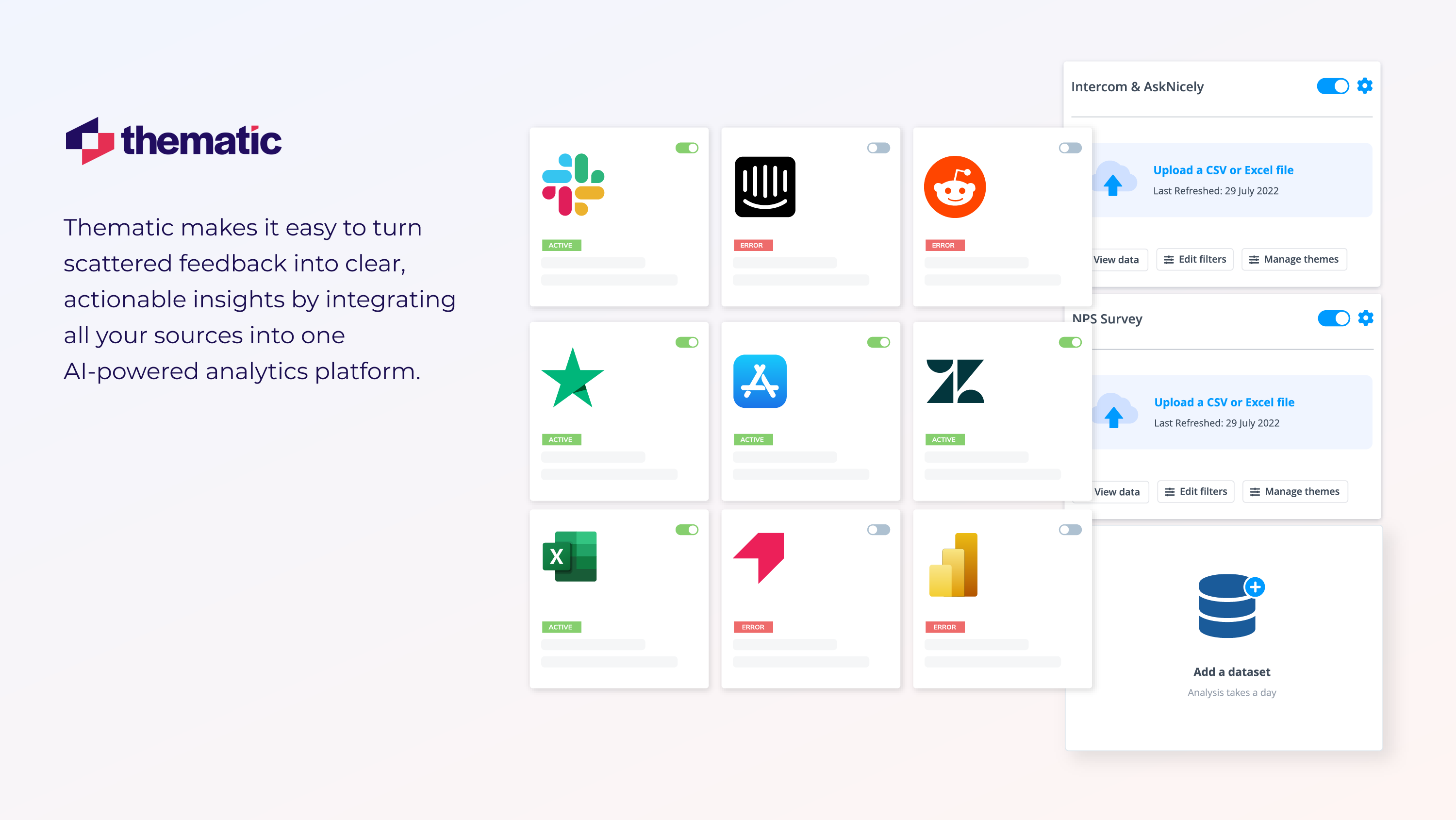 A screenshot of integration setup on Thematic.