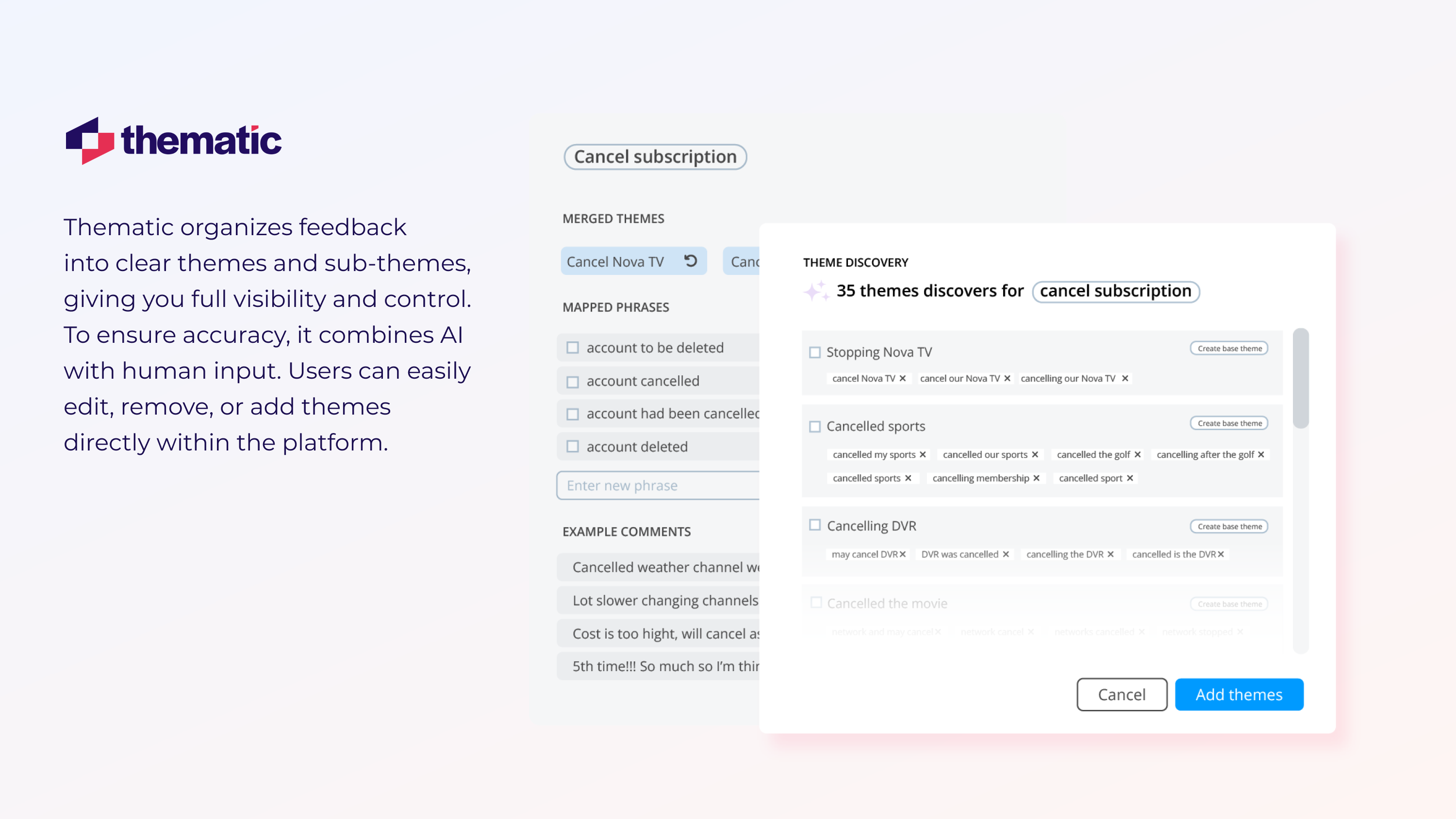 Feedback that is sorted into themes and sub-themes on Thematic.