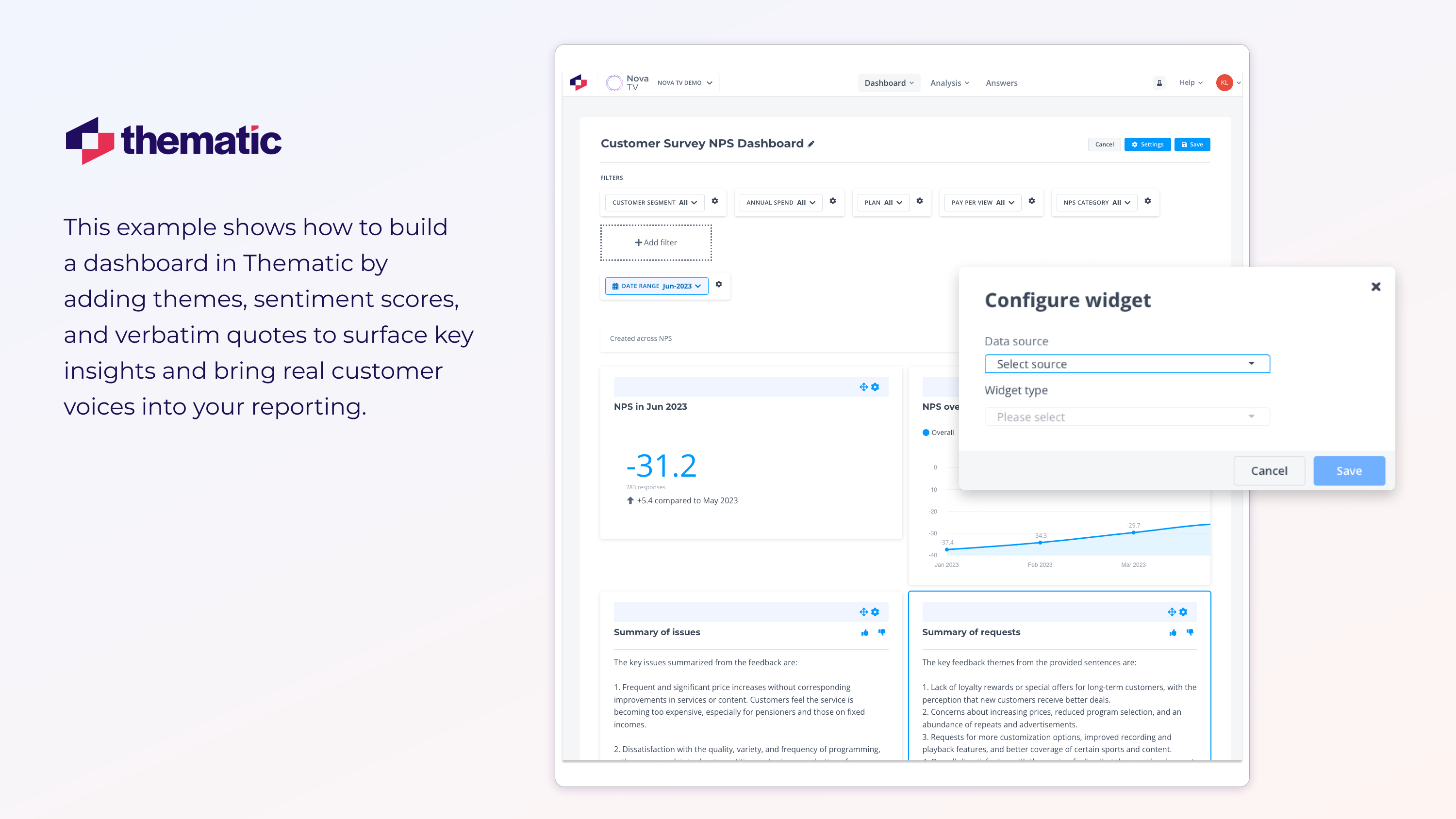 A screenshot of Thematic's dashboard being built.