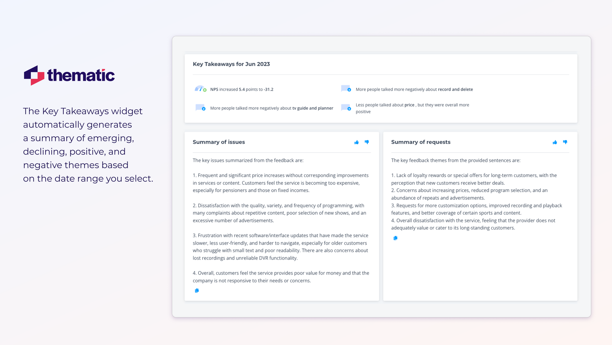 Screenshot of Thematic’s key takeaway widget - a one-box summary that combines score movement with the top positive and negative themes for the selected period.