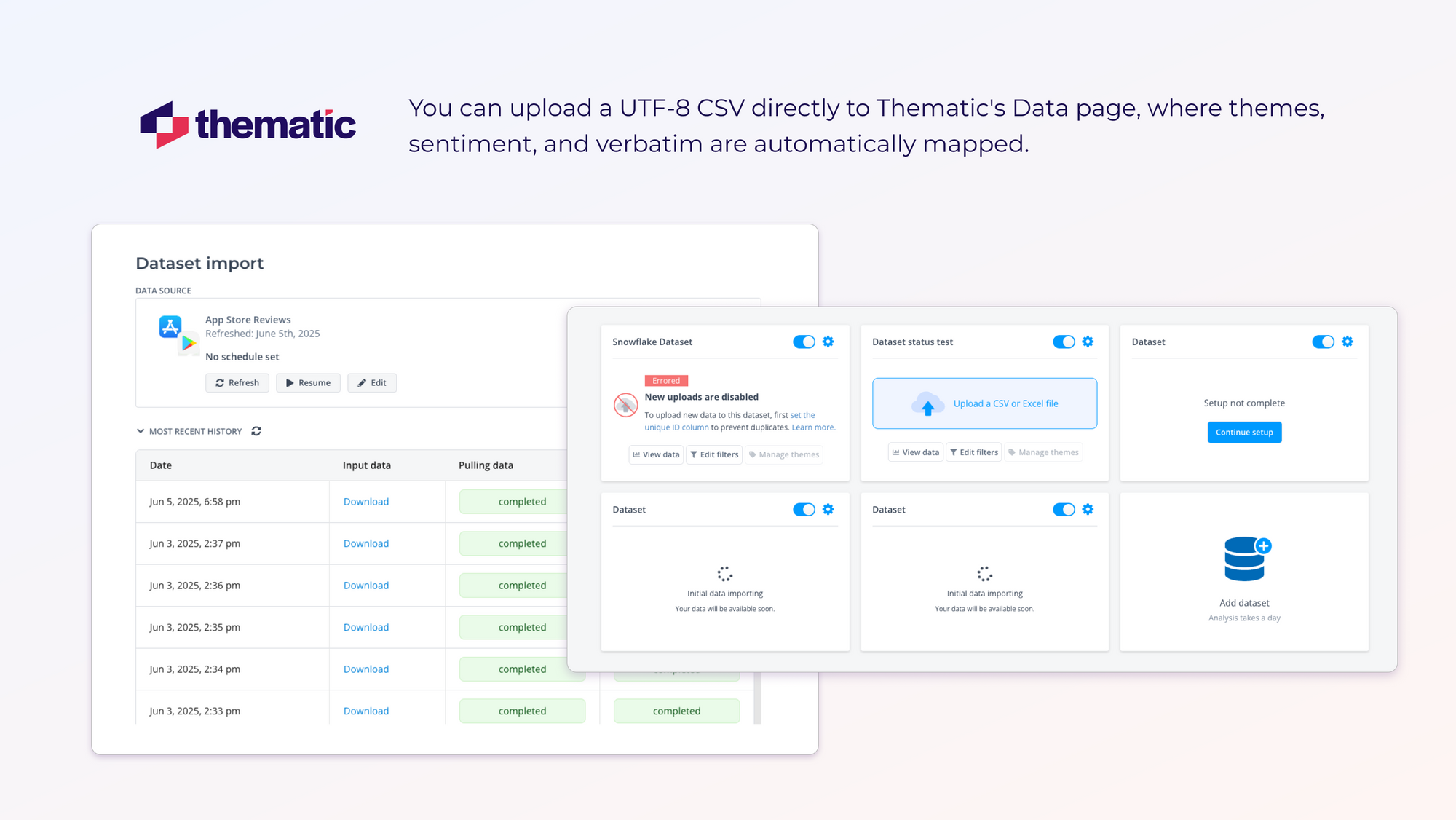A screenshot of uploading a file into Thematic.