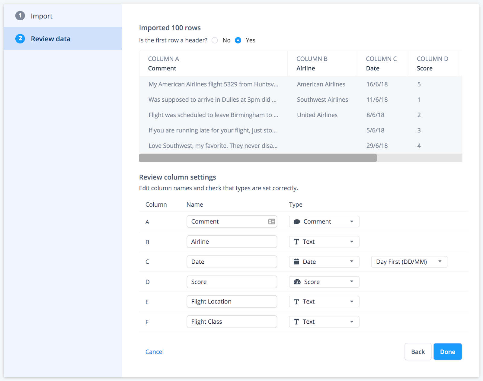 The review data stage of the Thematic setup flow