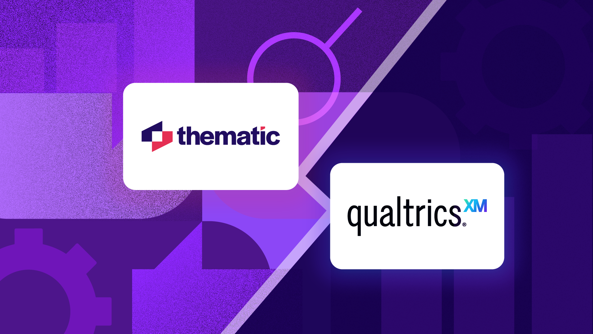 Company logos for "thematic" and "qualtrics" displayed on white rectangles against a stylized feedback