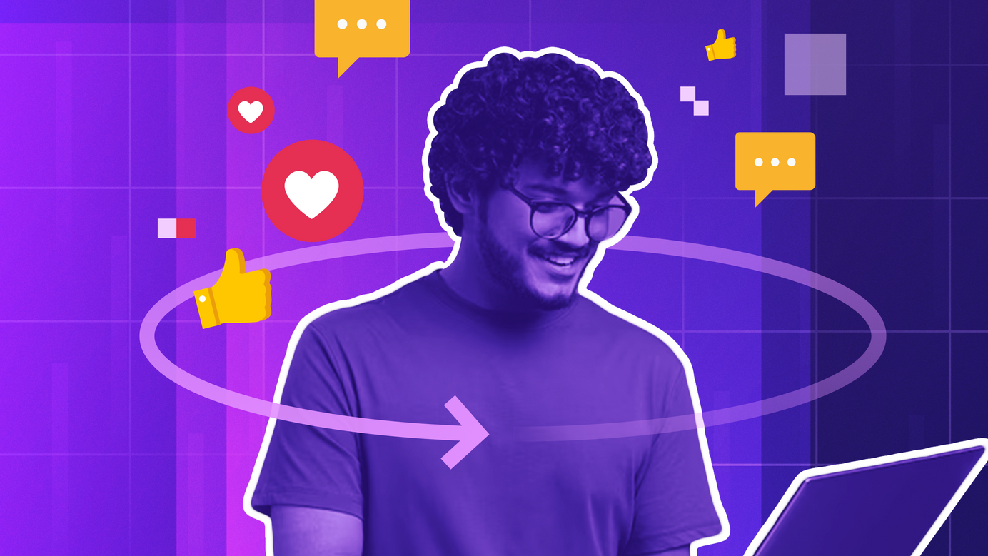Guy on laptop is surrounded by a closed loop with customer service icons floating above him.