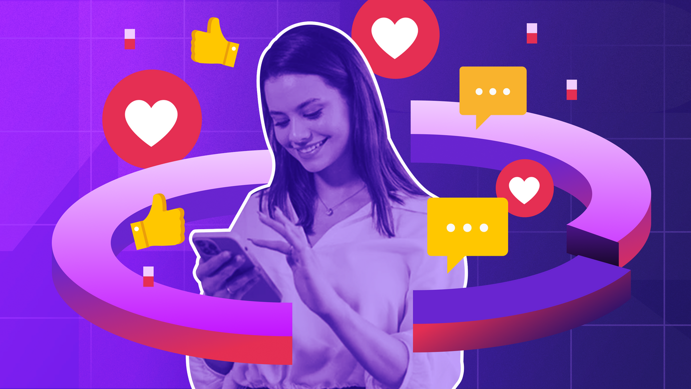 A shopper is in the middle of a segmented pie chart as customer engagement icons surround her.