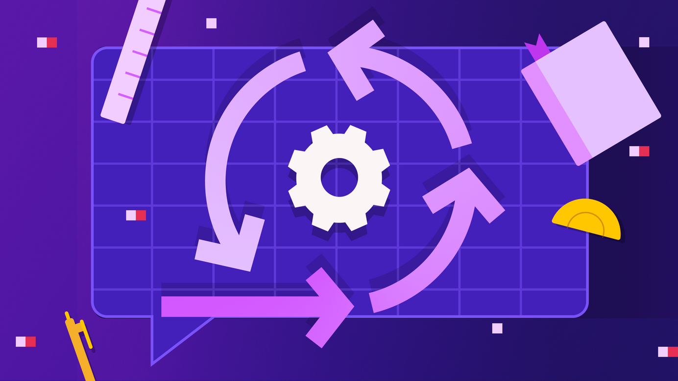 A feedback loop sits on a blueprint with planning/drafting tools surrounding it.