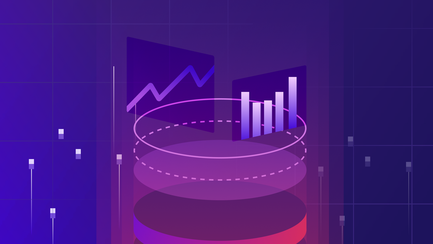 A bunch of metric data sits on top of a data stack. Futuristic UI elements surround it.