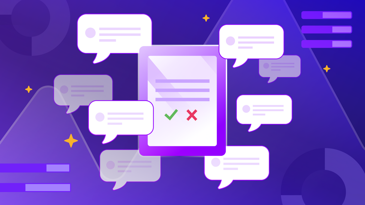A yes-or-no survey floats in the middle with several feedback bubbles surrounding it. Metrics UI in the b