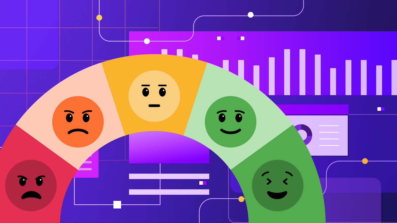 A sentiment bar is in the foreground while an interweaving metric system (data set) sits in the background.