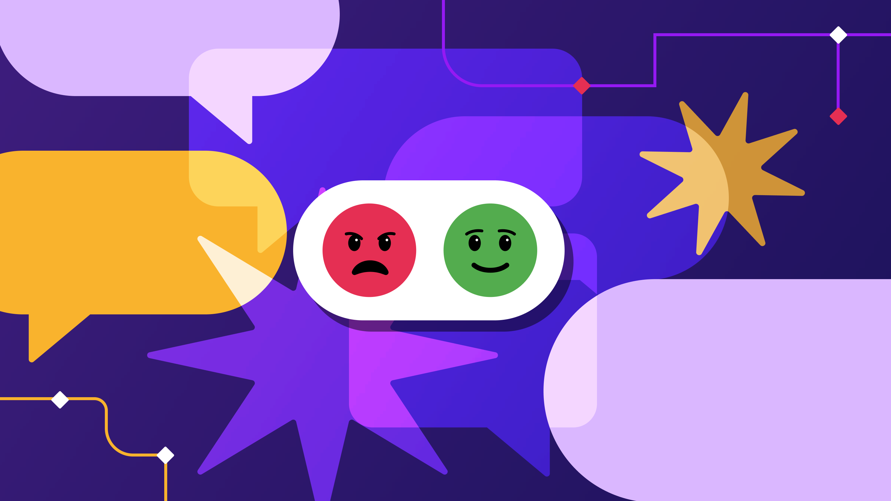 An icon with an unsatisfied and happy customer floats in the middle as other feedback UI floats in the background.