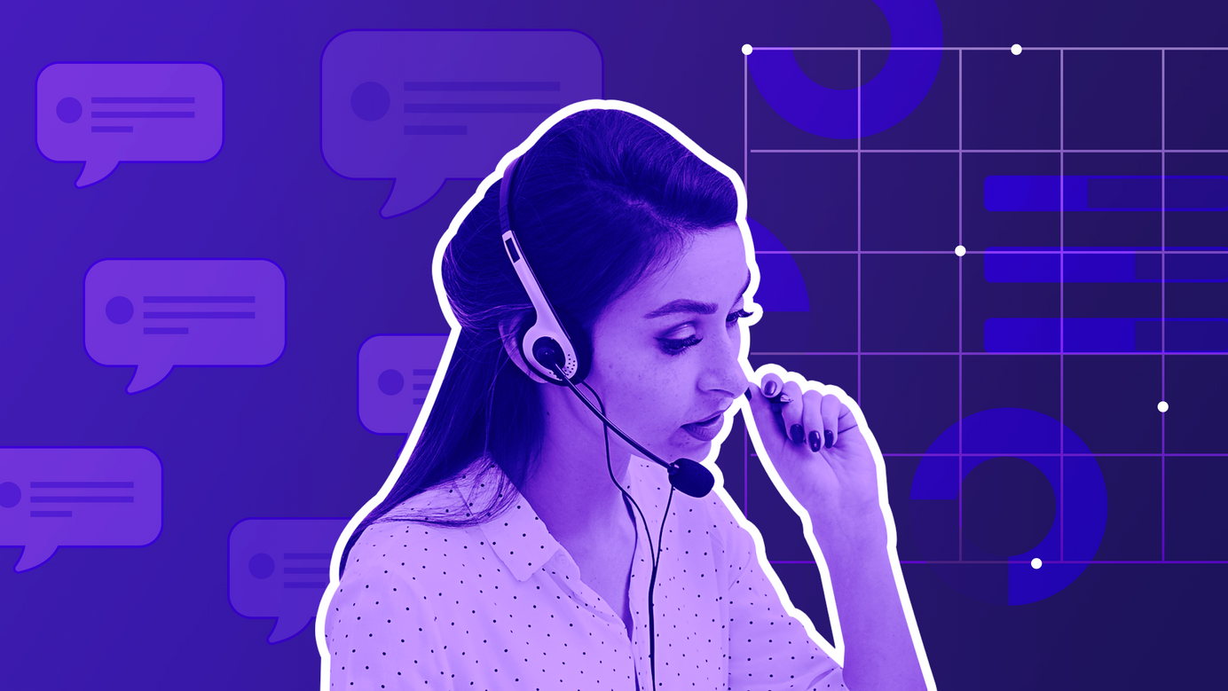 A customer service representative is talking. In the background, we see feedback being translated into analysis.