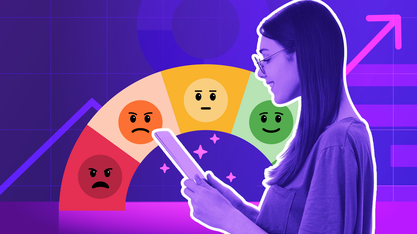 A woman is going through and reviewing scales, graphs, and sentiments scores.