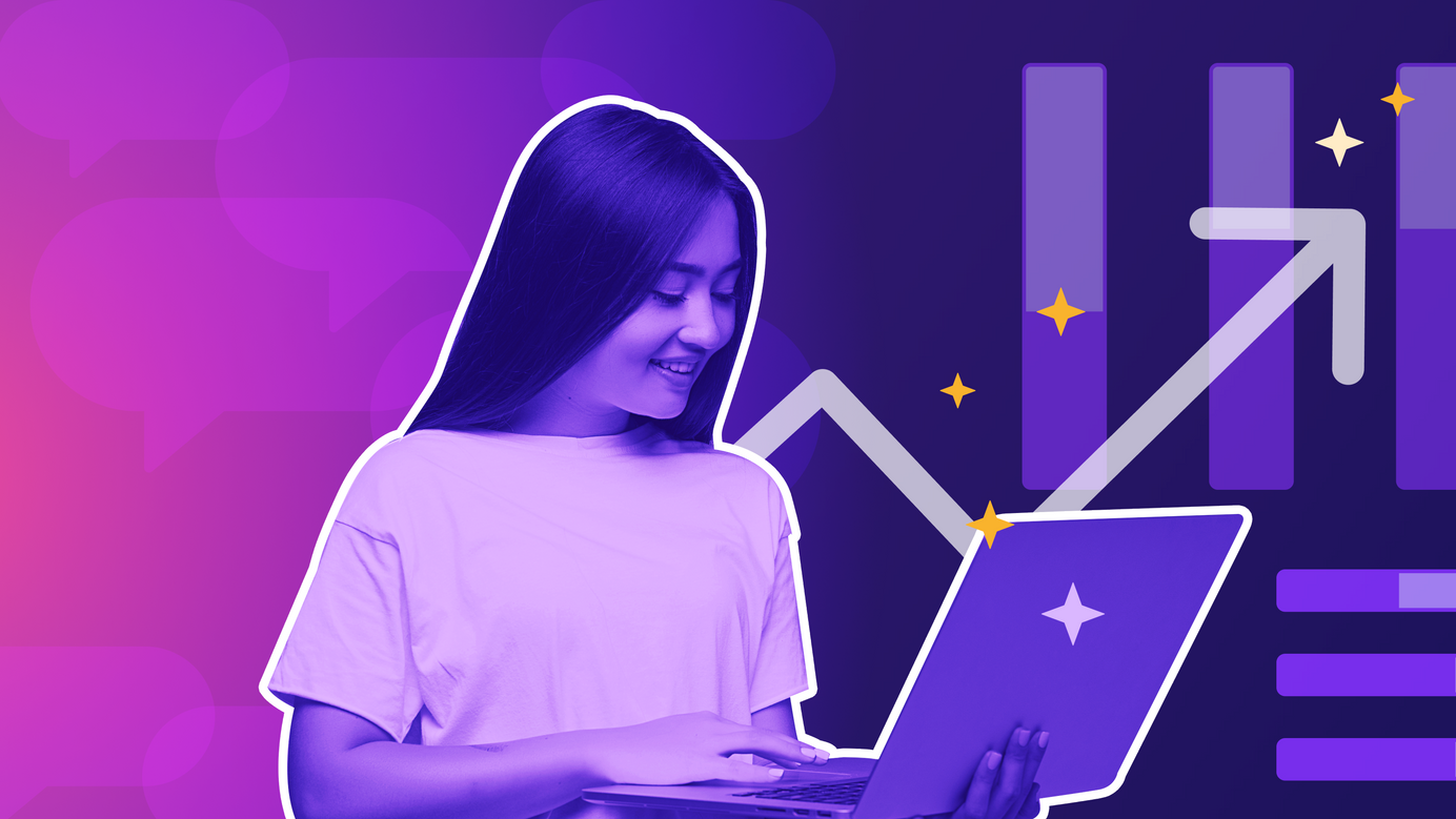 Feedback speech bubbles transition into high-performing metrics UI, a girl on her laptop in the foreground.