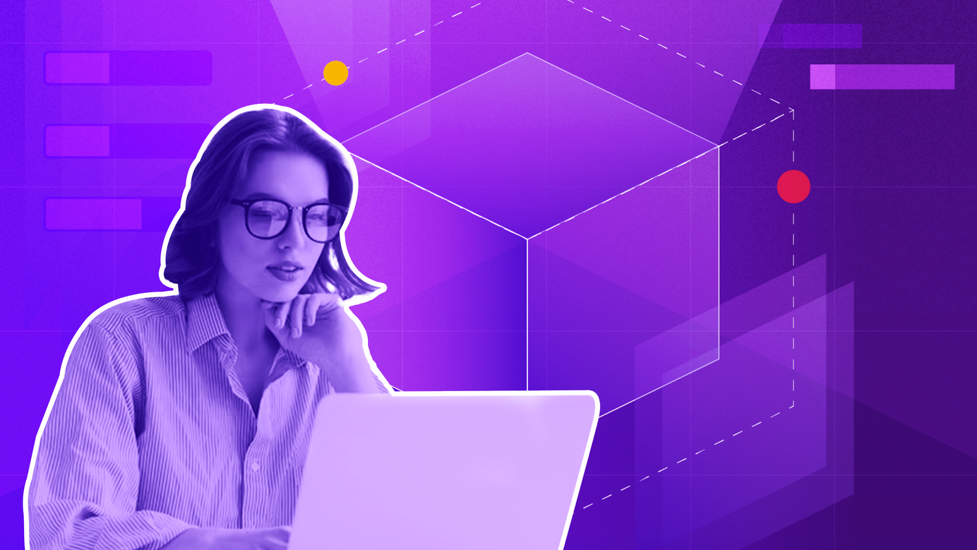 A girl is in the foreground analyzing data, charts floating behind her.